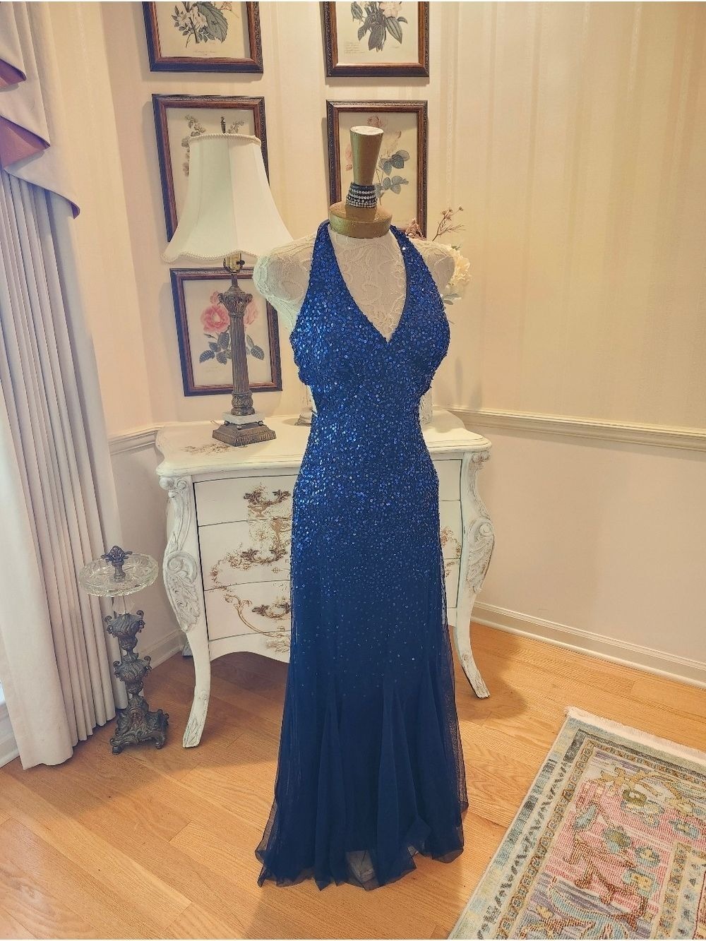 Nightway Vintage Midnight Blue Beaded & Sequin Halter Gown 2 Prom Evening Dress